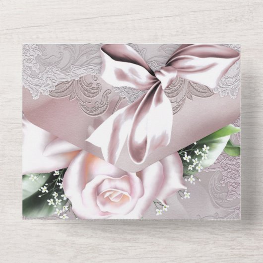 Blush roze Satin Bow & Roos Romantic Weduwfoto All In One Uitnodiging (Achterkant)