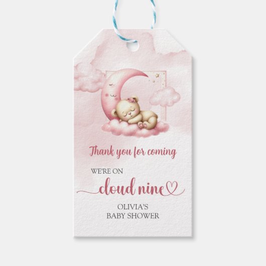 Blush roze schattig teddybeer wolk negen meisje cadeaulabel (Voorkant)