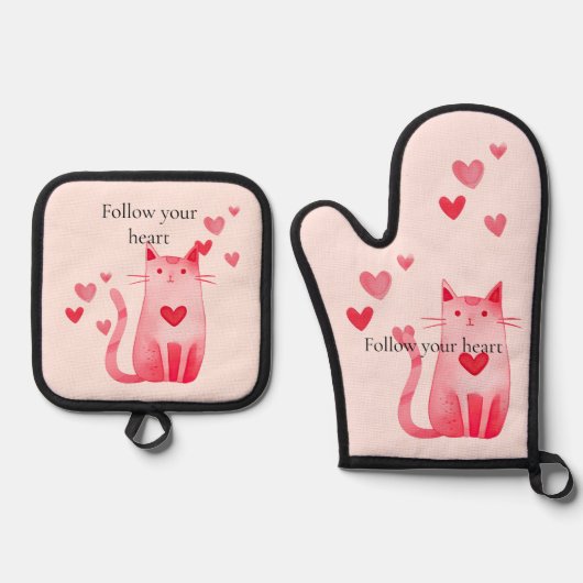 Blush roze Schattige Cat Hearts Ovenwant & Pannenlap Set (Voorkant)