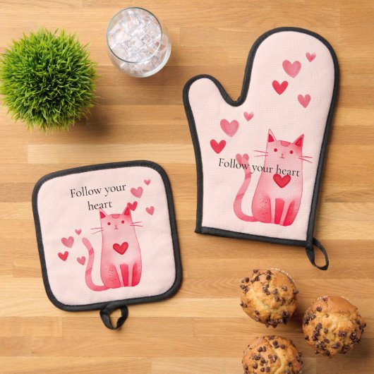 Blush roze Schattige Cat Hearts Ovenwant & Pannenlap Set (Top down)