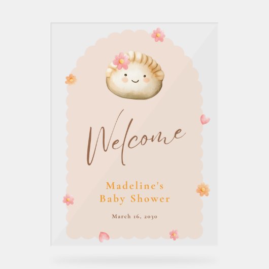 Blush Roze Schattige Dumpling Baby Meisje Douche W Acryl Bord (Voorkant)