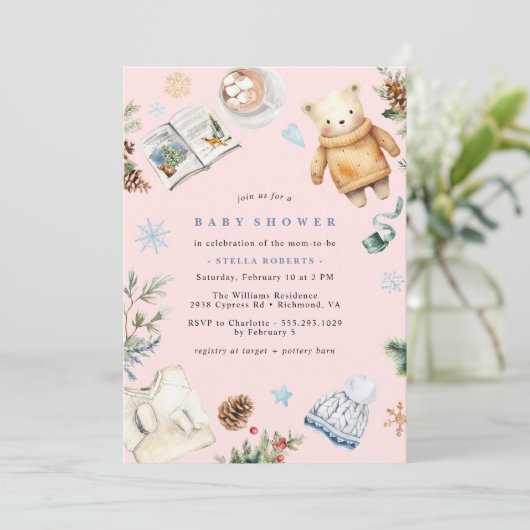 Blush Roze Schattige Waterverf Winter Meisje Baby  Kaart (Staand voorkant)