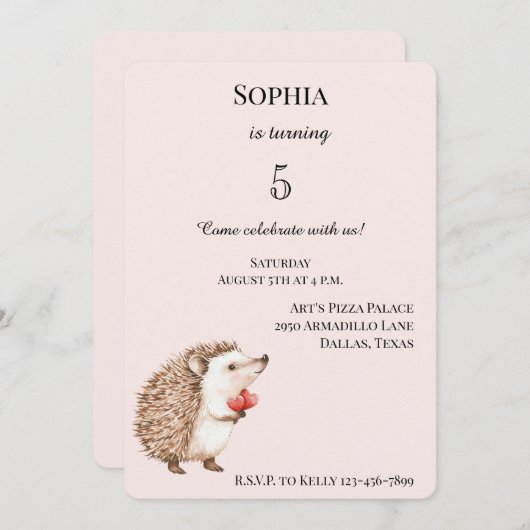 Blush Roze Schattigee Egel Rode Harten Verjaardag Kaart (Voorkant / Achterkant)