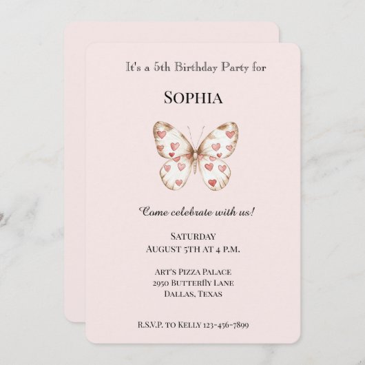 Blush Roze Schattigee Vlinder Rode Harten Verjaard Kaart (Voorkant / Achterkant)