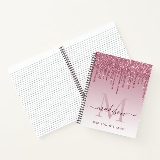 Blush roze schijven Glitter Sparkle Monogram Scrip Notitieboek (Binnen)