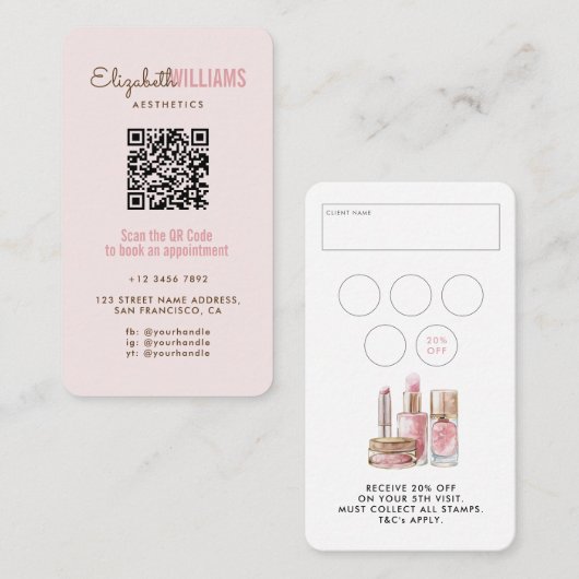 Blush Roze Schoonheid Esthetiek QR Code Loyaliteit Visitekaartje (Voorkant / Achterkant)