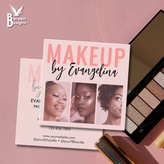 Blush Roze Script 3 Foto Make-up Vierkante Visitekaartje