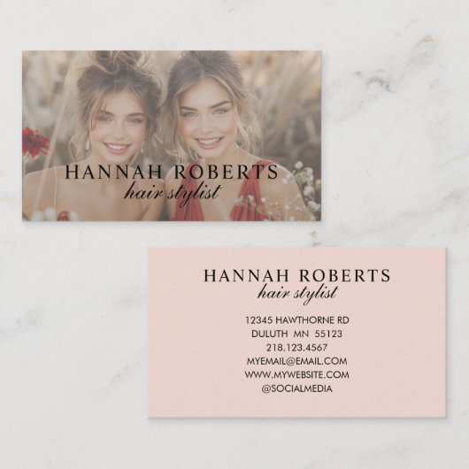 Blush Roze Script Foto Haarstylist Visitekaartje (Voorkant / Achterkant)