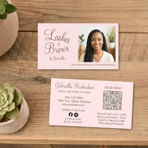 Blush Roze Script Foto QR Code Wimpers en Wenkbrau Visitekaartje
