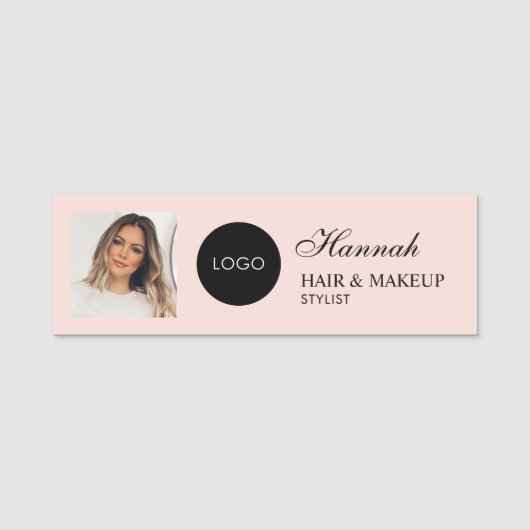 Blush Roze Script Logo Foto Haar Make-up Naamplaatje (Voorkant)