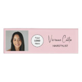 Blush Roze Script Logo Foto Haarstylist Naambadge (Voorkant)