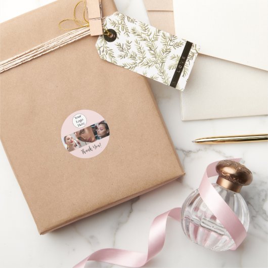 Blush Roze Script Logo Foto Make-up Bedankt Ronde Sticker (Geschenken)