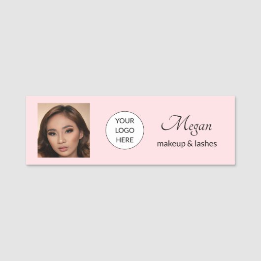 Blush Roze Script Logo Foto Make-up en Wimpers Naamplaatje (Voorkant)