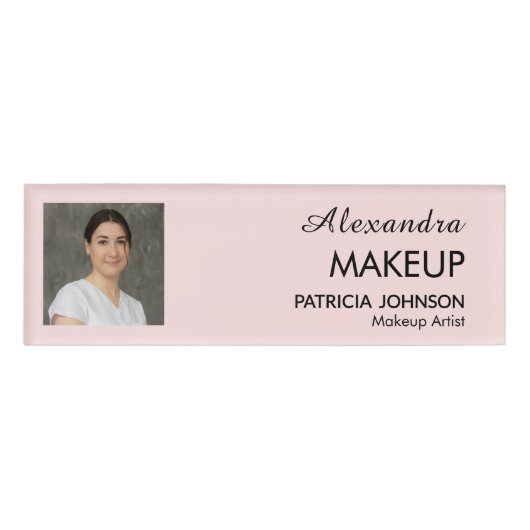 Blush Roze Script Logo Foto Make-up Naambadge (Voorkant)