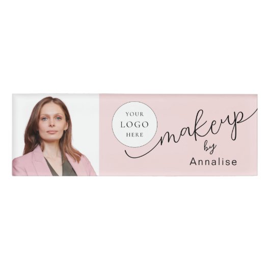 Blush Roze Script Logo Foto Make-up Naambadge (Voorkant)