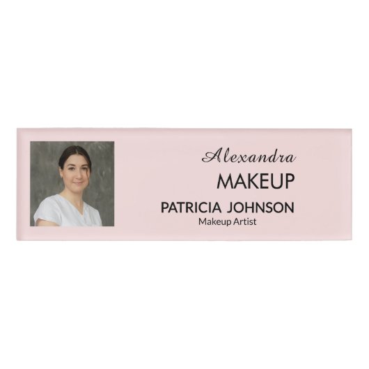 Blush Roze Script Logo Foto Make-up Naambadge (Voorkant)