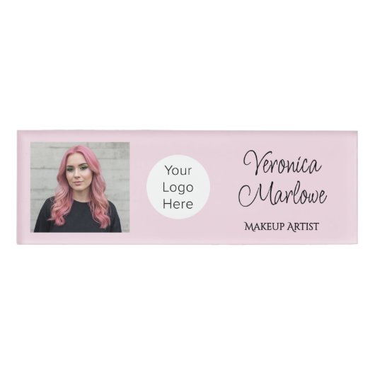 Blush Roze Script Logo Foto Make-up Naambadge (Voorkant)