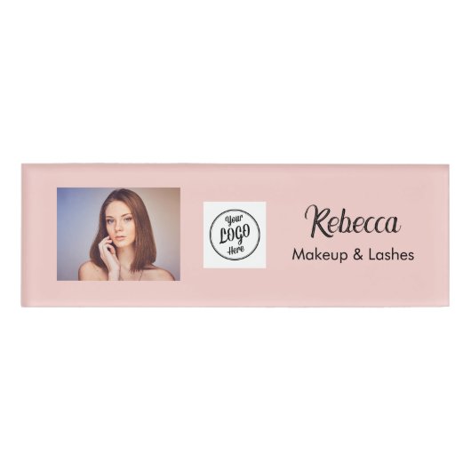 Blush Roze Script Logo Foto Make-up Naambadge (Voorkant)