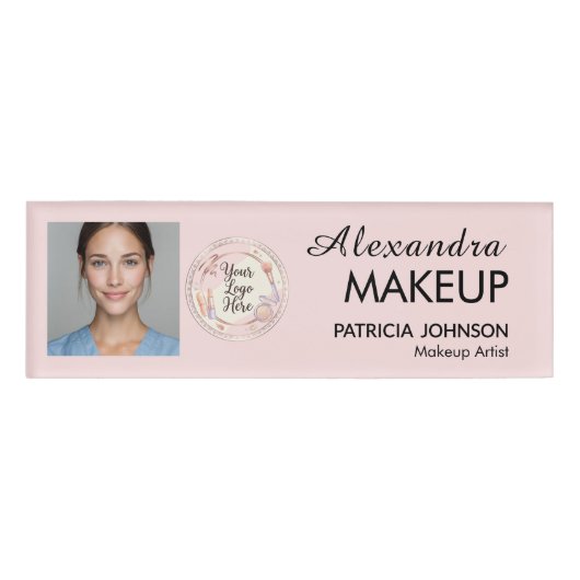 Blush Roze Script Logo Foto Make-up Naambadge (Voorkant)