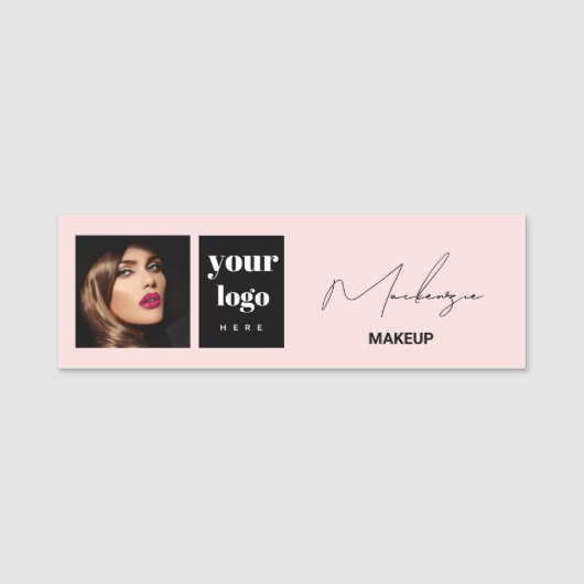 Blush Roze Script Logo Foto Make-up Naamplaatje (Voorkant)