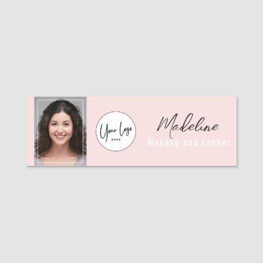 Blush Roze Script Logo Foto Make-up Naamplaatje (Voorkant)