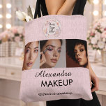 Blush Roze Script Logo Foto Make-up Studio Tote Bag<br><div class="desc">Makeup Studio Swag Tas - Blush Roze Zwart Script Lettertype Jouw Logo Hier 3 Foto Make-up Bedrijf Klant loyaliteit tas met naam en social media handvat.</div>