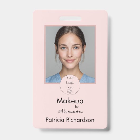 Blush Roze Script Logo Foto Make-up Werknemer Badge (Voorzijde)