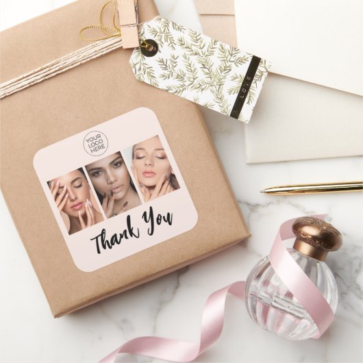 Blush Roze Script Logo Foto Nagels Bedankt Vierkante Sticker (Geschenken)