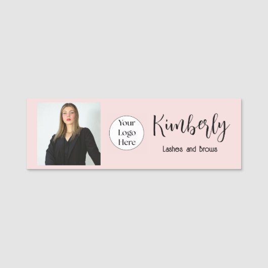Blush Roze Script Logo Foto Wimper Artiest Naamplaatje (Voorkant)