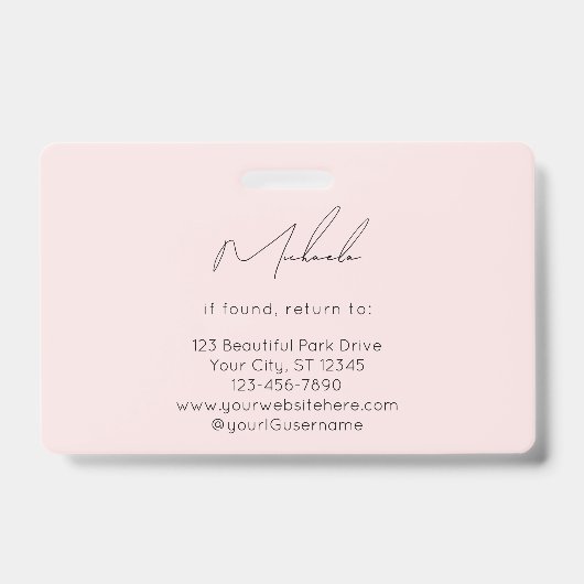 Blush Roze Script Logo Foto Wimper Technicus Badge (Achterkant)