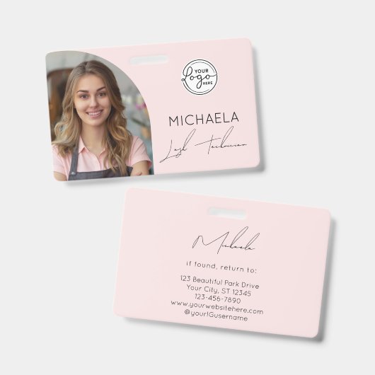 Blush Roze Script Logo Foto Wimper Technicus Badge (Voor- en achterkant)
