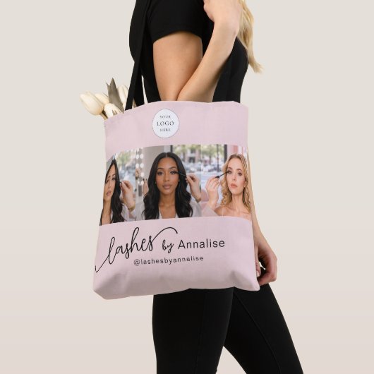 Blush Roze Script Logo Foto Wimpers Stylist Studio Tote Bag (Dichtbij)