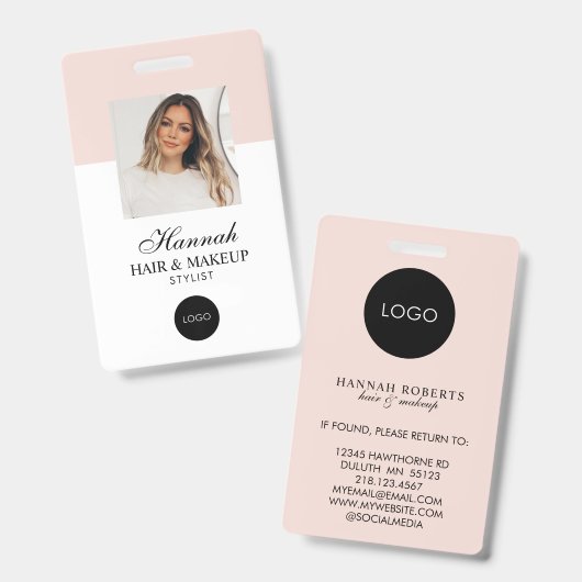 Blush Roze Script Logo Haar Foto Make-up Badge (Voor- en achterkant)
