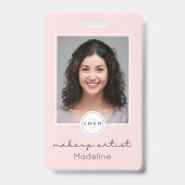 Blush Roze Script Logo QR Code Foto Make-up Badge (Voorzijde)