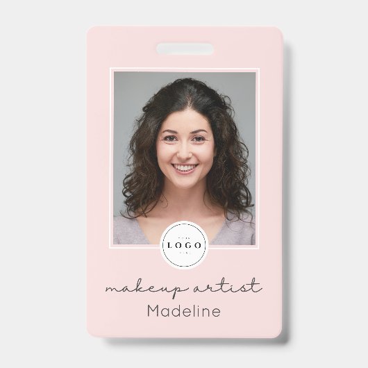 Blush Roze Script Logo QR Code Foto Make-up Badge (Voorzijde)