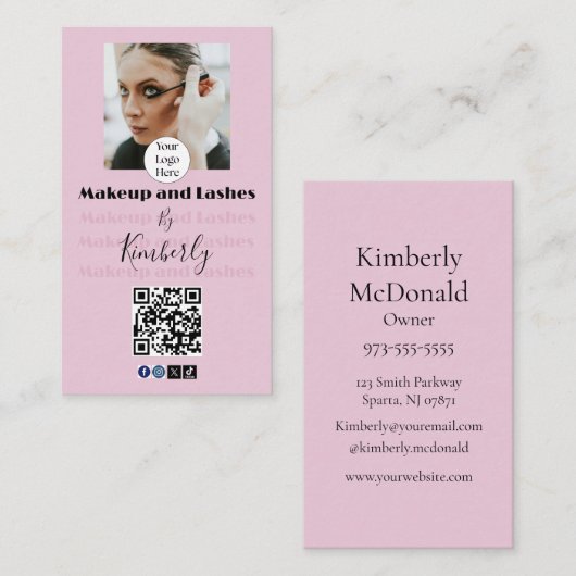 Blush Roze Script Logo QR Code Foto Make-up/Lashes Visitekaartje (Voorkant / Achterkant)