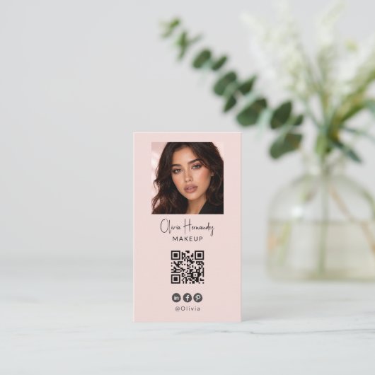 Blush Roze Script Logo QR Code Foto Make-up Visitekaartje (Staand voorkant)