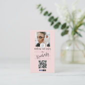 Blush Roze Script Logo QR Code Foto Make-up/Wimper Visitekaartje (Staand voorkant)
