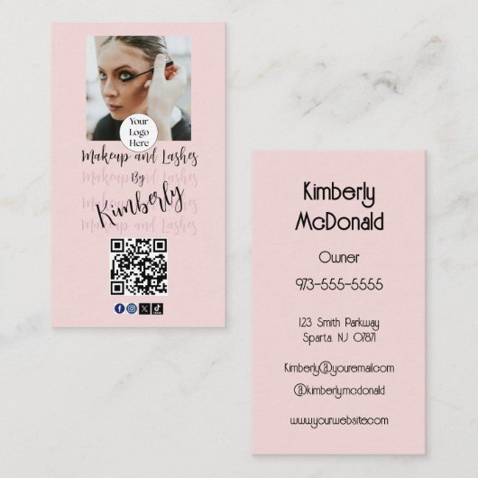 Blush Roze Script Logo QR Code Foto Make-up/Wimper Visitekaartje (Voorkant / Achterkant)