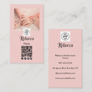 Blush Roze Script Logo QR Code Foto Nagel Manicure Visitekaartje