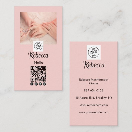 Blush Roze Script Logo QR Code Foto Nagel Manicure Visitekaartje (Voorkant / Achterkant)