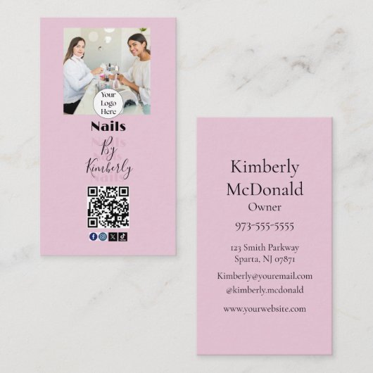 Blush Roze Script Logo QR Code Foto Nagelsalon Visitekaartje (Voorkant / Achterkant)