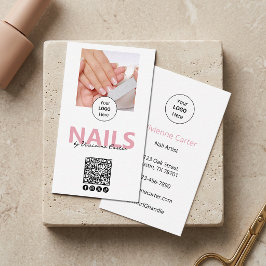 Blush Roze Script Logo QR Code Foto Nagelsalon Visitekaartje