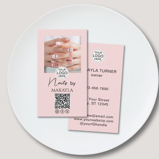 Blush Roze Script Logo QR Code Foto Nagelsalon Visitekaartje