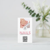 Blush Roze Script Logo QR Code Foto Nagelsalon Visitekaartje (Staand voorkant)