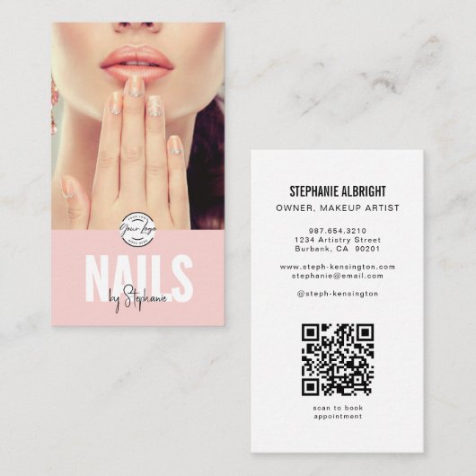 Blush Roze Script Logo QR Code Foto Nagelstylist Visitekaartje (Voorkant / Achterkant)