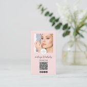 Blush Roze Script Logo QR Code Foto Wimpers Make-u Visitekaartje (Staand voorkant)