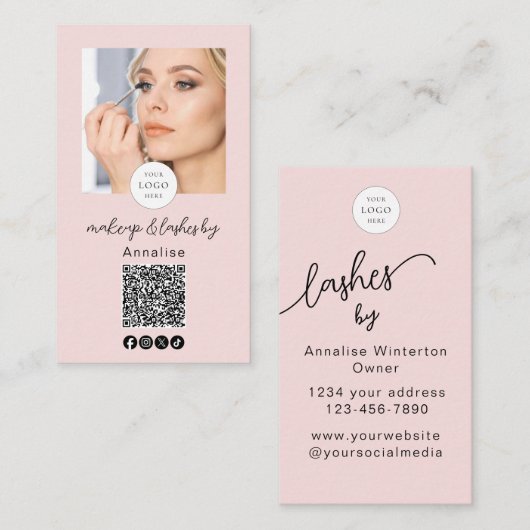 Blush Roze Script Logo QR Code Foto Wimpers Make-u Visitekaartje (Voorkant / Achterkant)