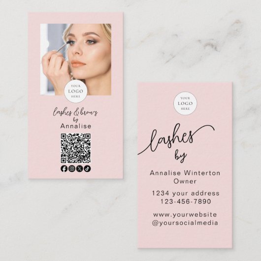 Blush Roze Script Logo QR Code Foto Wimpers Make-u Visitekaartje (Voorkant / Achterkant)