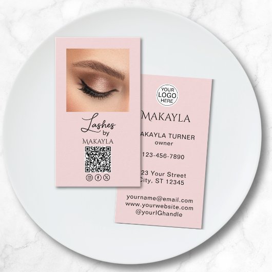 Blush Roze Script Logo QR Code Foto Wimpers Visitekaartje